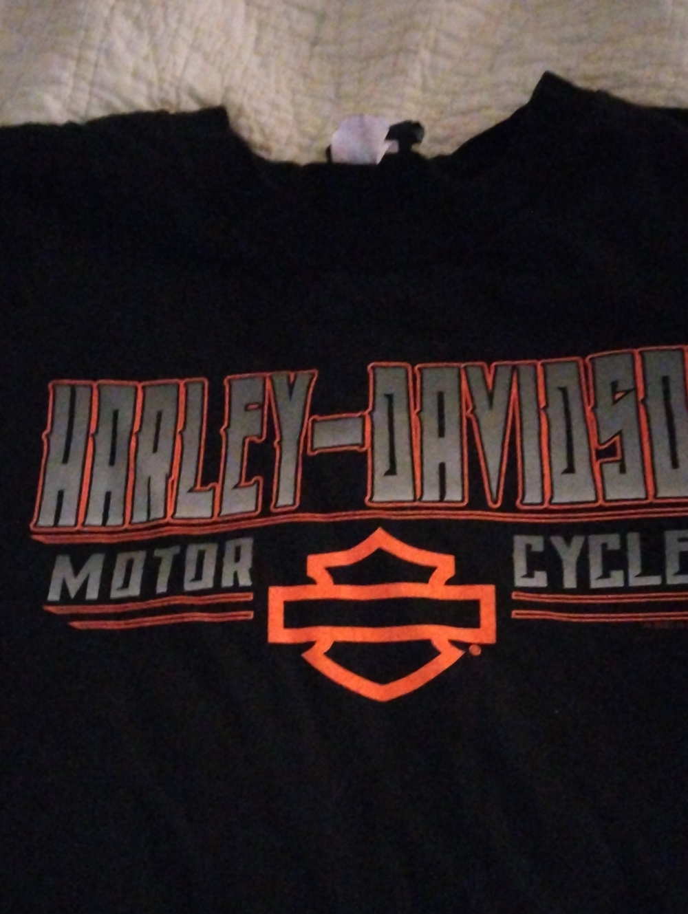 Harley-Davidson Black Tee with Orange Shield and Gray Lettering